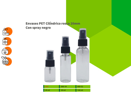 Envases PET cilíndricos rosca 20mm con spray negro