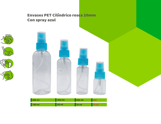 Envases PET cilíndrico rosca 20mm con spray azul