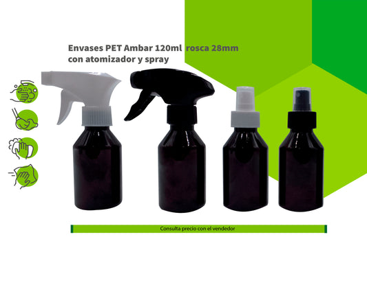 Envases PET ambar 120ml rosca 28 mm con atomizador y spray