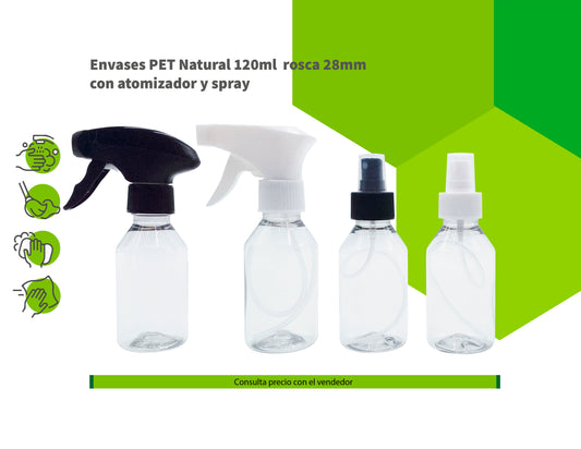 Envases PET Natural 120ml rosca 28mm con atomizador y spray