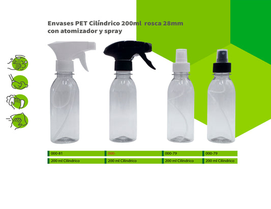 Envases PET cilíndricos 200ml rosca 28mm con atomizador y spray