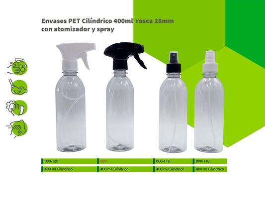 Envases PET cilíndricos 400ml rosca 28mm con atomizador y spray