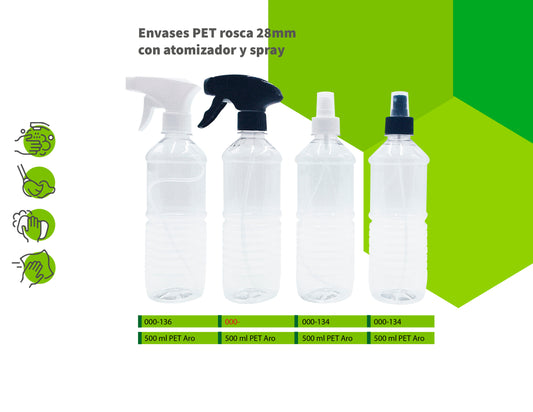 Envases PET rosca 28mm con atomizador y spray