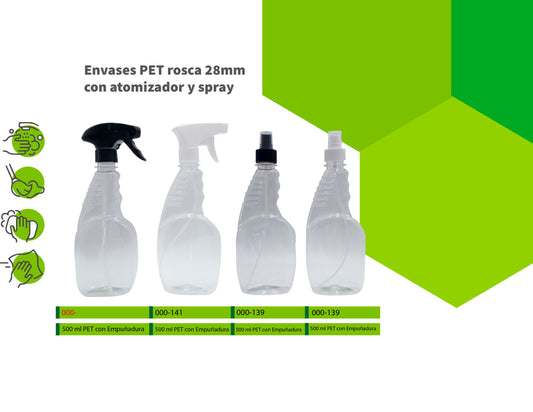 Envases PET rosca 28mm con atomizador y spray